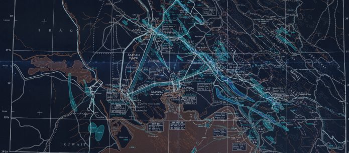 Negative image of section of a map showing the Abadan area in Iran with its oil infrastructure